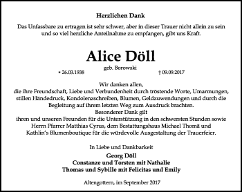 Traueranzeige von Alice Döll von Thüringer Allgemeine, Thüringische Landeszeitung