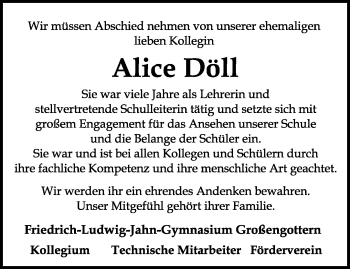 Traueranzeige von Alice Döll von Thüringer Allgemeine, Thüringische Landeszeitung