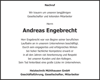 Traueranzeige von Andreas Engebrecht von Thüringer Allgemeine