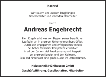 Traueranzeige von Andreas Engebrecht von Thüringer Allgemeine, Thüringische Landeszeitung