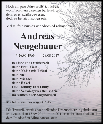 Traueranzeige von Andreas Neugebauer von Thüringer Allgemeine, Thüringische Landeszeitung