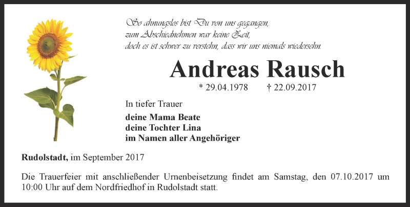  Traueranzeige für Andreas Rausch vom 30.09.2017 aus Ostthüringer Zeitung