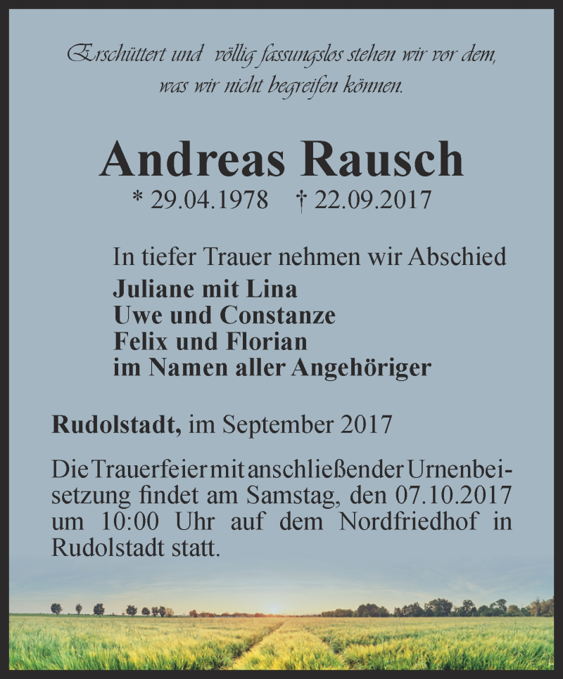  Traueranzeige für Andreas Rausch vom 30.09.2017 aus Ostthüringer Zeitung