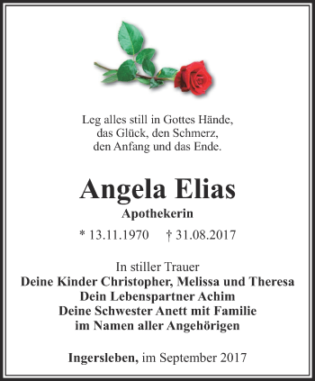 Traueranzeige von Angela Elias von Ostthüringer Zeitung, Thüringische Landeszeitung