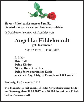 Traueranzeige von Angelika Hildebrandt von Ostthüringer Zeitung, Thüringische Landeszeitung