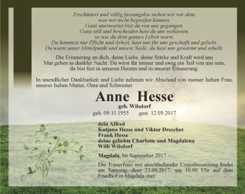 Traueranzeige von Anne Hesse von Thüringer Allgemeine, Thüringische Landeszeitung