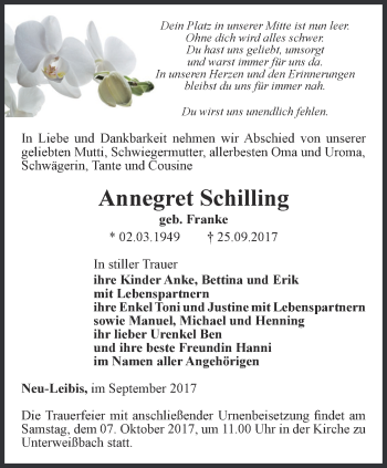 Traueranzeige von Annegret Schilling von Ostthüringer Zeitung