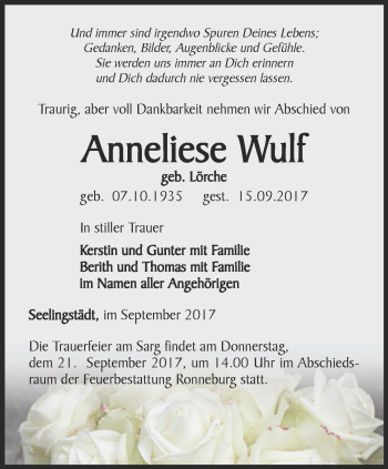 Traueranzeige von Anneliese Wulf von Ostthüringer Zeitung