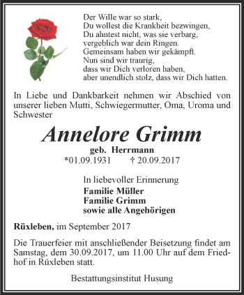 Traueranzeige von Annelore Grimm von Thüringer Allgemeine