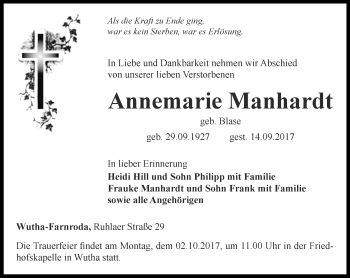 Traueranzeige von Annemarie Manhardt von Thüringer Allgemeine, Thüringische Landeszeitung