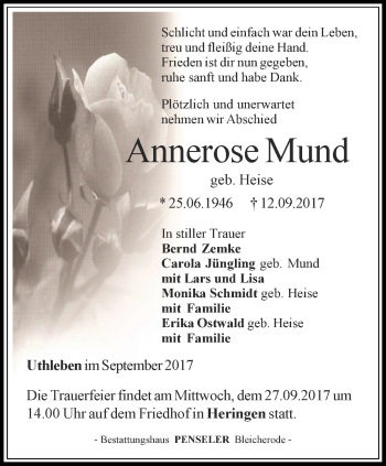 Traueranzeige von Annerose Mund von Thüringer Allgemeine