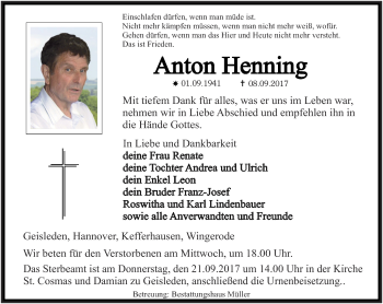 Traueranzeige von Anton Henning von Thüringer Allgemeine