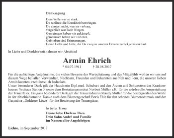 Traueranzeige von Armin Ehrich von Ostthüringer Zeitung