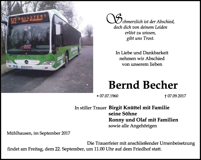  Traueranzeige für Bernd Becher vom 16.09.2017 aus Thüringer Allgemeine, Thüringische Landeszeitung