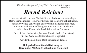 Traueranzeige von Bernd Reichert von Ostthüringer Zeitung