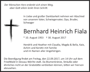 Traueranzeige von Bernhard Heinrich Fiala von Thüringer Allgemeine