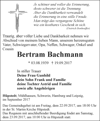 Traueranzeige von Bertram Bachmann von Thüringer Allgemeine, Thüringische Landeszeitung