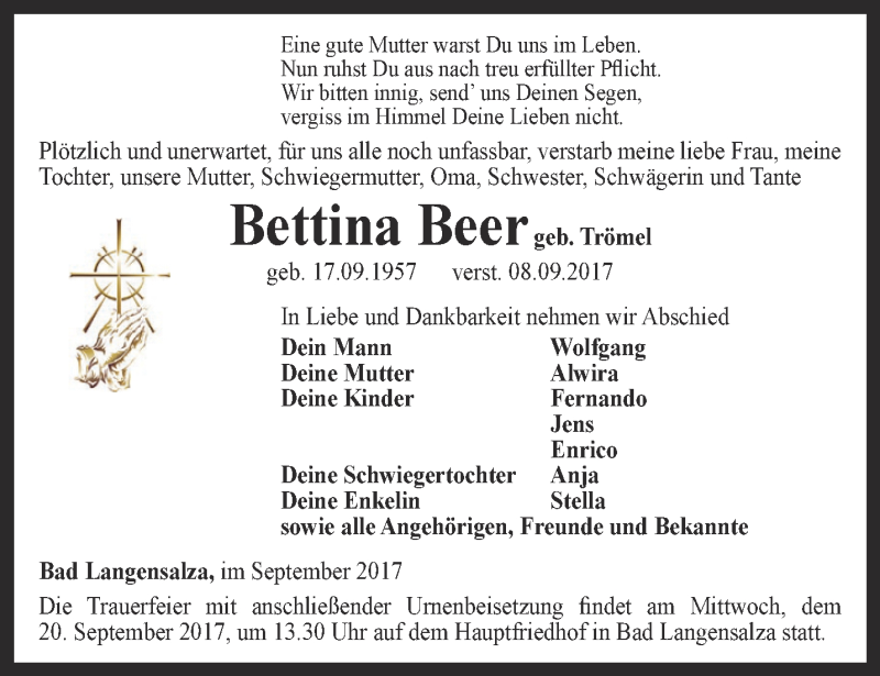  Traueranzeige für Bettina Beer vom 15.09.2017 aus Thüringer Allgemeine, Thüringische Landeszeitung