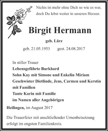 Traueranzeige von Birgit Hermann von Ostthüringer Zeitung