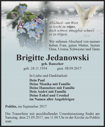 Traueranzeige von Brigitte Jedanowski von Ostthüringer Zeitung