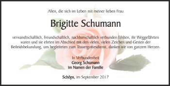 Traueranzeige von Brigitte Schumann von Ostthüringer Zeitung, Thüringische Landeszeitung