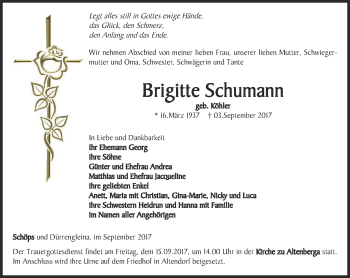 Traueranzeige von Brigitte Schumann von Ostthüringer Zeitung, Thüringische Landeszeitung