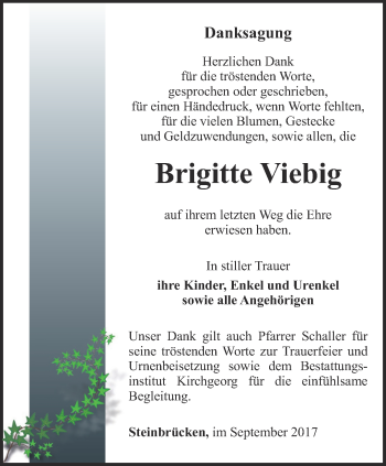 Traueranzeige von Brigitte Viebig von Ostthüringer Zeitung