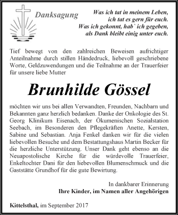 Traueranzeige von Brunhilde Gössel von Thüringer Allgemeine, Thüringische Landeszeitung