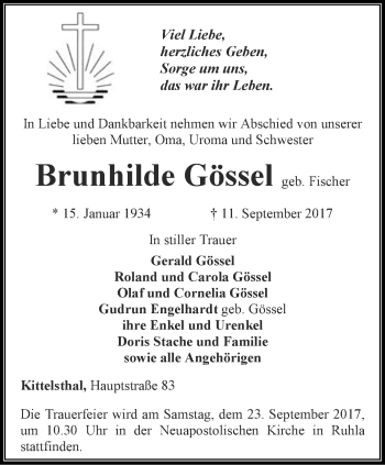 Traueranzeige von Brunhilde Gössel von Thüringer Allgemeine, Thüringische Landeszeitung