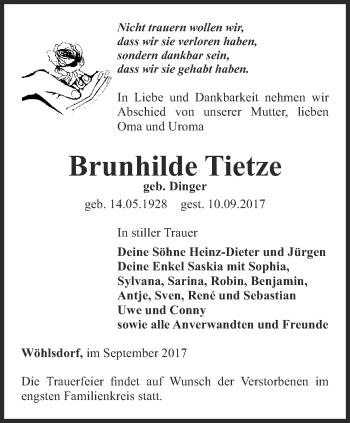 Traueranzeige von Brunhilde Tietze von Ostthüringer Zeitung