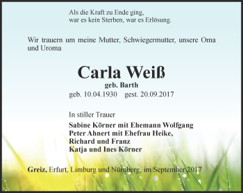 Traueranzeige von Carla Weiß