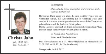 Traueranzeige von Christa Jahn von Thüringer Allgemeine