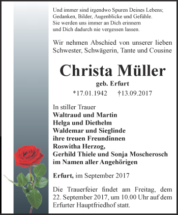 Traueranzeige von Christa Müller von Thüringer Allgemeine, Thüringische Landeszeitung