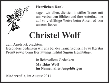 Traueranzeige von Christel Wolf von Thüringer Allgemeine, Thüringische Landeszeitung