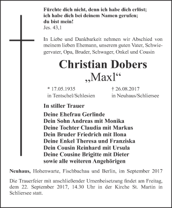 Traueranzeige von Christian Dobers von Ostthüringer Zeitung