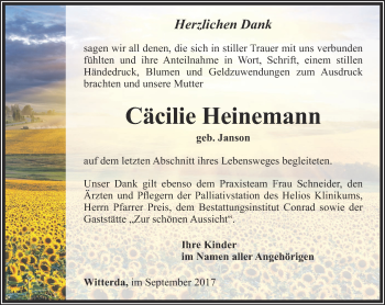 Traueranzeige von Cäcilie Heinemann von Thüringer Allgemeine, Thüringische Landeszeitung