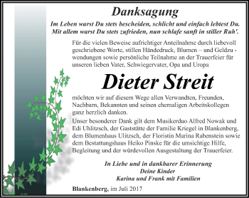 Traueranzeige von Dieter Streit von Ostthüringer Zeitung