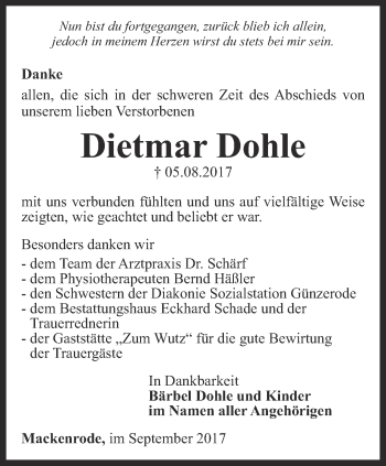 Traueranzeige von Dietmar Dohle von Thüringer Allgemeine