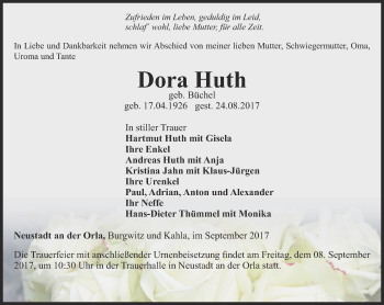 Traueranzeige von Dora Huth