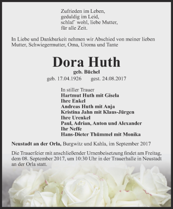 Traueranzeige von Dora Huth