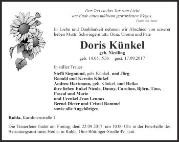 Traueranzeige von Doris Künkel von Thüringer Allgemeine, Thüringische Landeszeitung