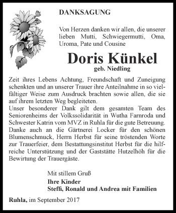 Traueranzeige von Doris Künkel von Thüringer Allgemeine, Thüringische Landeszeitung