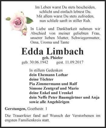 Traueranzeige von Edda Limbach von Thüringer Allgemeine, Thüringische Landeszeitung