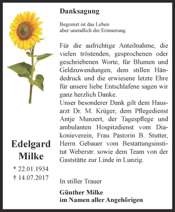 Traueranzeige von Edelgard Milke