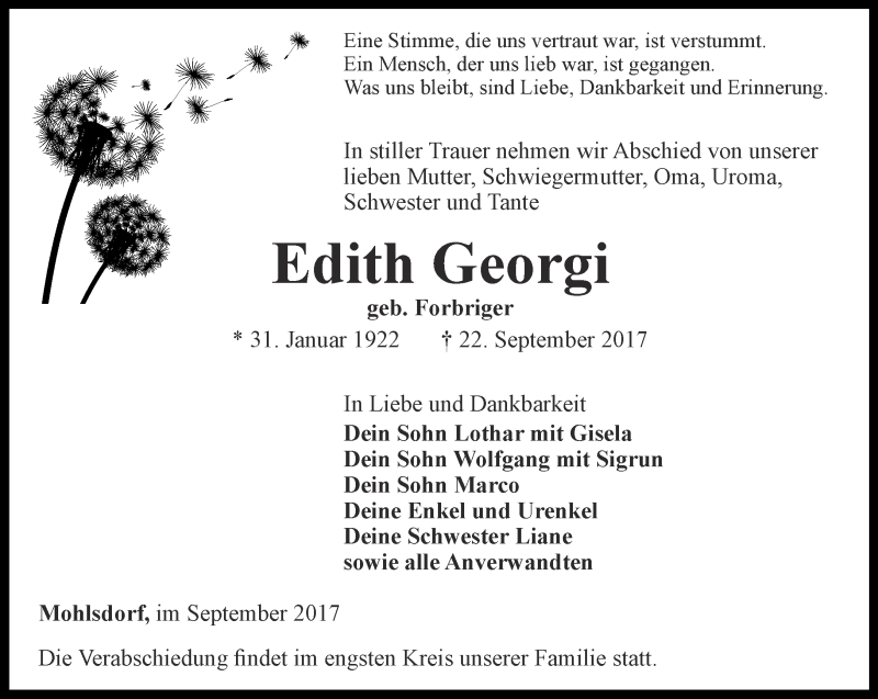  Traueranzeige für Edith Georgi vom 30.09.2017 aus Ostthüringer Zeitung