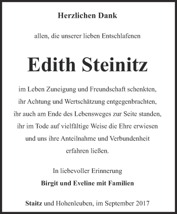 Traueranzeige von Edith Steinitz von Ostthüringer Zeitung
