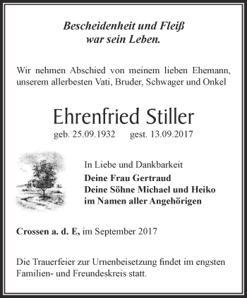 Traueranzeige von Ehrenfried Stiller von Ostthüringer Zeitung