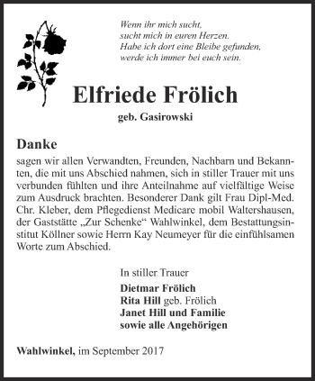 Traueranzeige von Elfriede Frölich von Ostthüringer Zeitung, Thüringische Landeszeitung