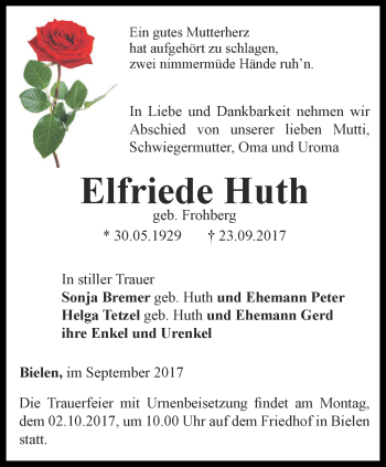 Traueranzeige von Elfriede Huth von Thüringer Allgemeine