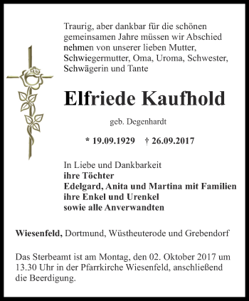 Traueranzeige von Elfriede Kaufhold von Thüringer Allgemeine